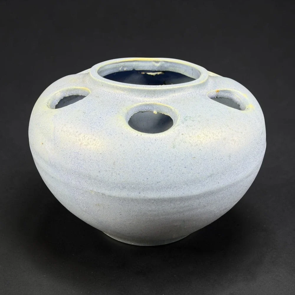 Antique Pale Blue Pottery Large Flower Frog 6-Hole Round Pottery Vase Vessel VTG